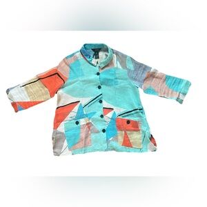 Ali Miles Linen Jacket Size Petite PM Blue Geometric Wired Collar Pockets (0461)